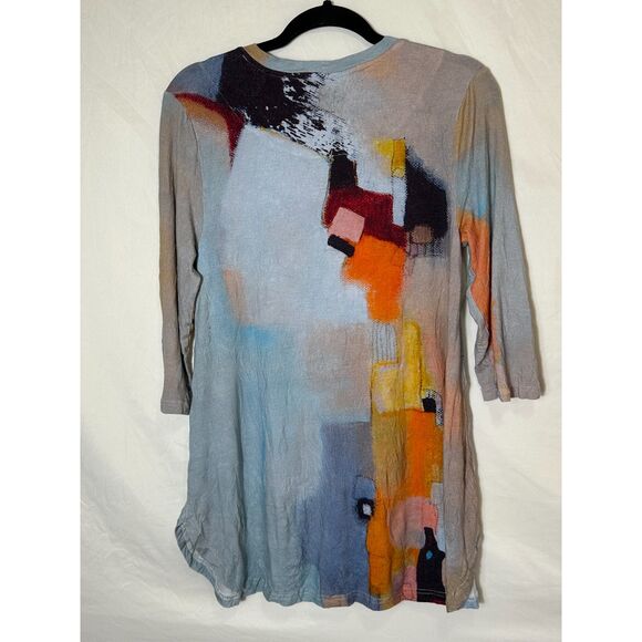 ubU Women's Slub Knit Crinkle Abstract Print 1/2 Sleeve V-Neck Tunic Top Size S - Picture 4 of 4